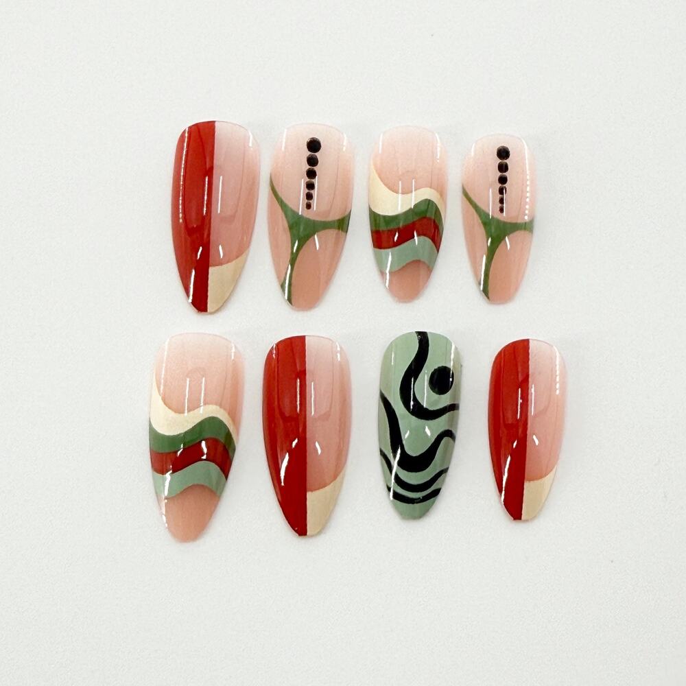 24 Pc Retro 70s Inspired Press On Nails, Abstract French Tips